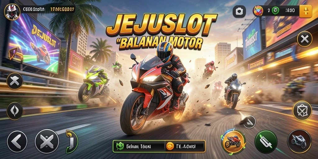 Screenshot gameplay JEJUSLOT menampilkan aksi balapan motor yang seru.