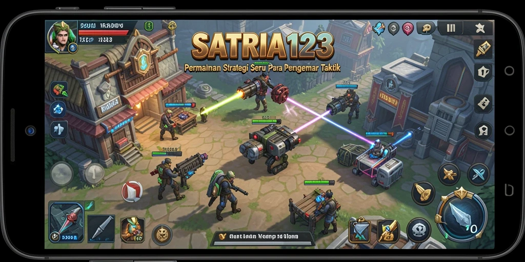 Screenshot utama SATRIA123 menampilkan aksi intens di medan perang strategi.